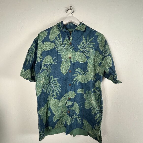 Tommy Bahama Men Short Sleeve Hawaiian Shirt Small Blue Tropical Linen Button-Up